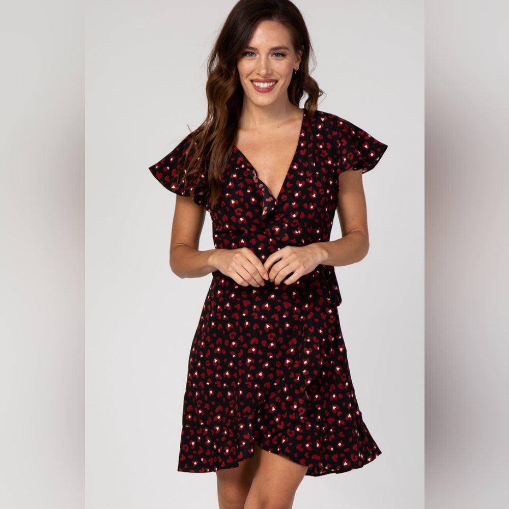 Black Printed Butterfly Sleeve Wrap Dress NWT L